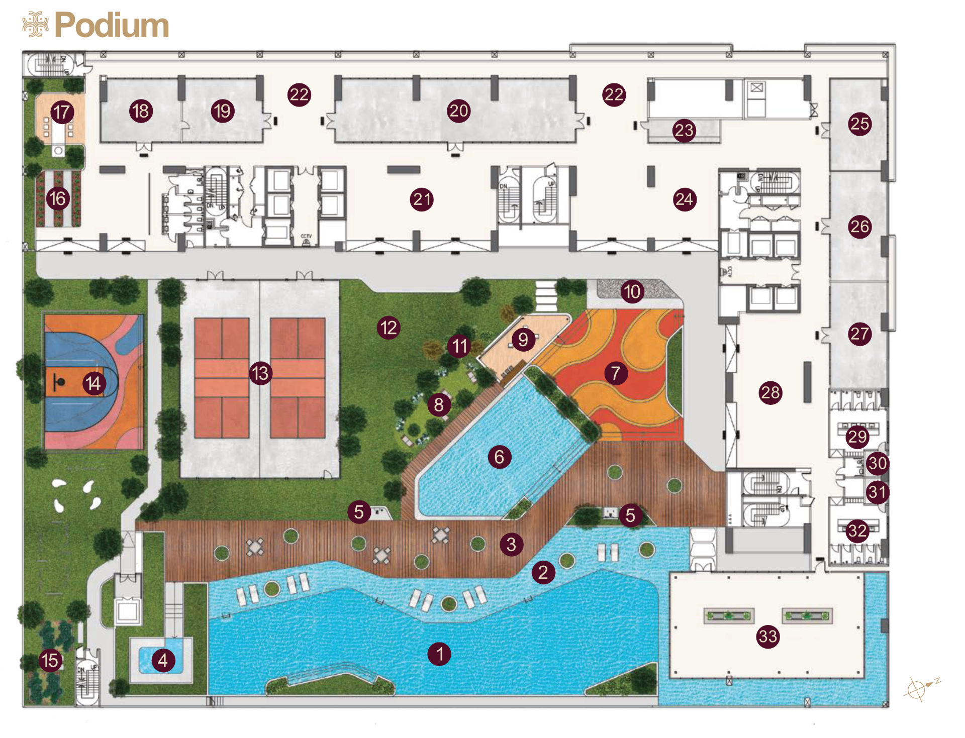 Level 7 podium facility plan for Binastra Cochrane — pools, courts, gardens and indoor rooms with 33 numbered legends