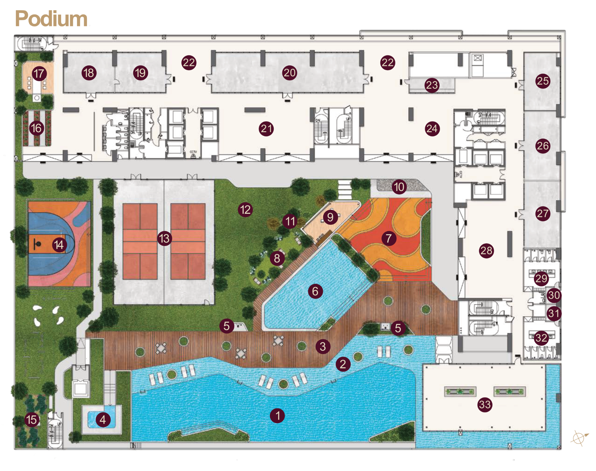 Level 7 podium facility plan for Binastra Cochrane — pools, courts, gardens and indoor rooms with 33 numbered legends